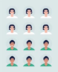 Various boys facial expressions semi flat color vector character avatar set. Portrait from front view. Isolated modern cartoon style illustration for graphic design and animation pack