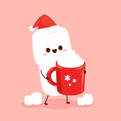 Pile of marshmallows on Cocoa. Cocoa with marshmallows in a red cup. Christmas hot chocolate cup. Cartoon new year drink. Cute marshmallows character.