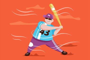 Young baseball player vector cartoon character design. Catcher in uniform and sunglasses waiting for ball.