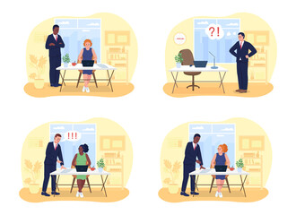 Boss and employee in office 2D vector isolated illustration set. Executive control manager. Coworker interacting flat characters on cartoon background. Corporate workplace colourful scene collection