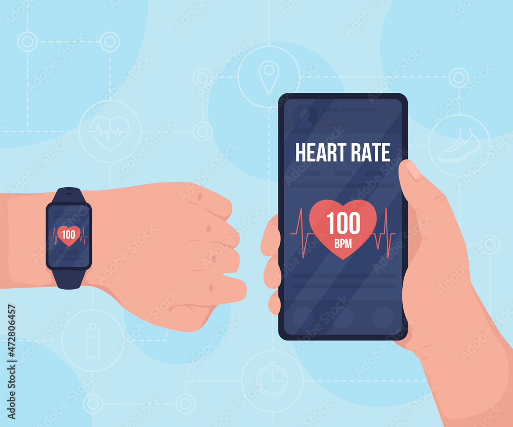 Poster tracking pulse with gadgets flat color vector illustration. monitoring pulse for fitness. looking on