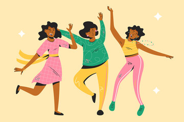 Group of happy dancing women isolated on yellow background. Vector illustration in cartoon style.