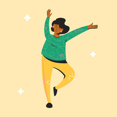 Happy dancing woman isolated on yellow background. Vector illustration in cartoon style.