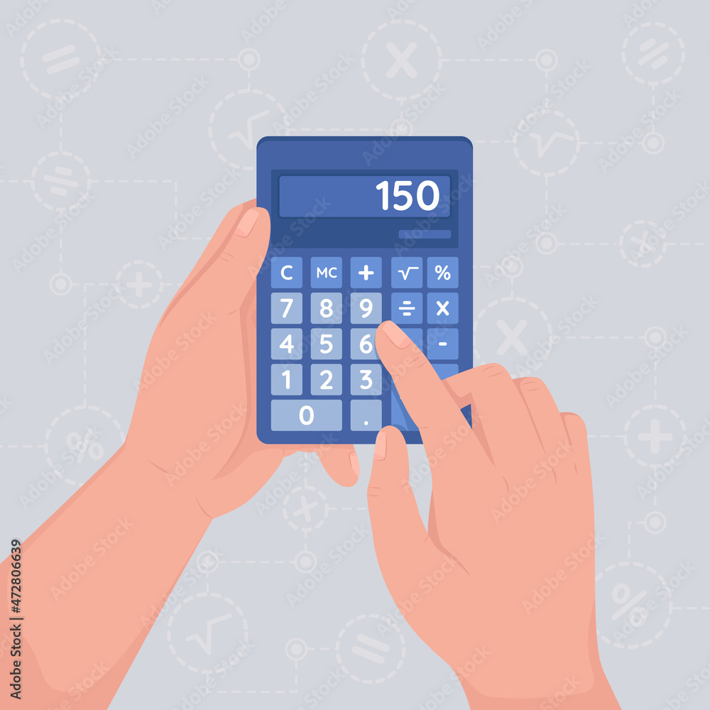 Poster using calculator flat color vector illustration. pressing buttons to add numbers. methematical count