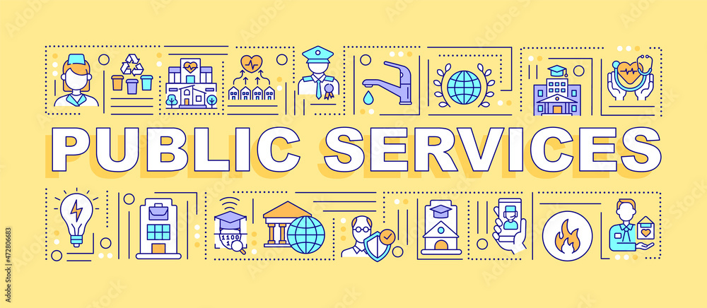 Aufkleber public services word concepts banner. infrastructures organization. infographics with linear icons o