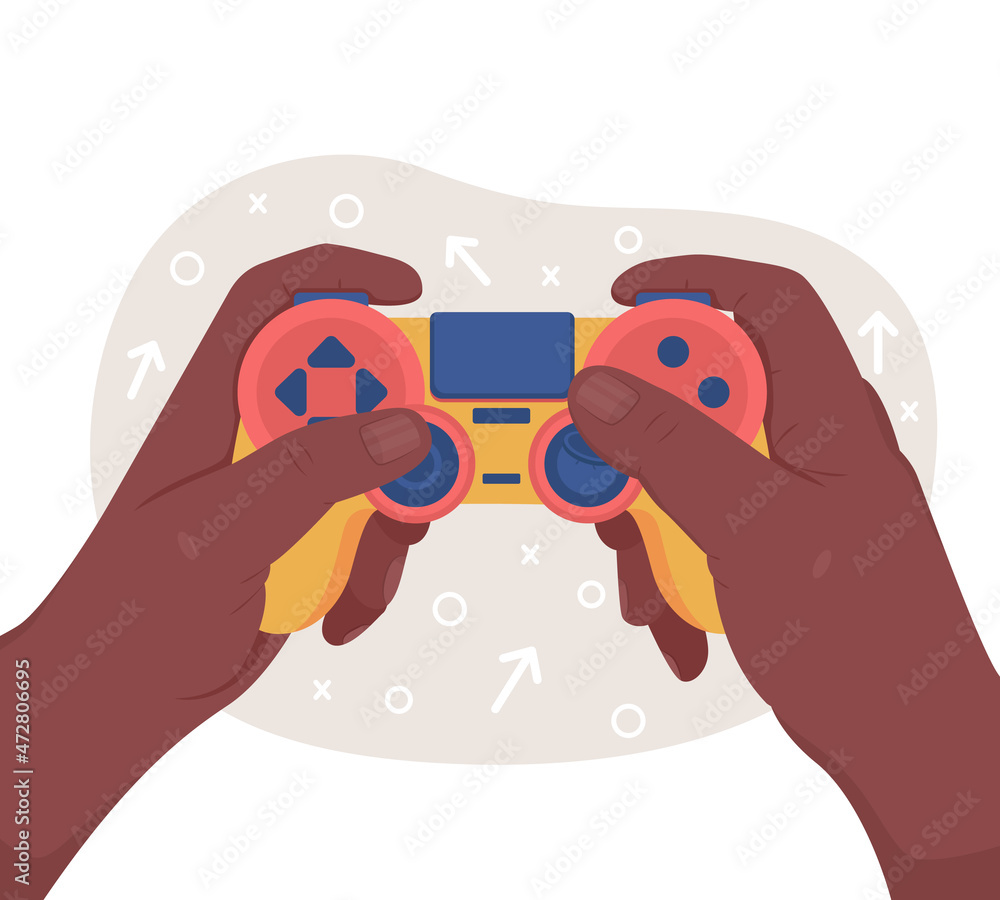 Poster holding gamepad 2d vector isolated illustration. gamer playing video game. cyber entertainment flat 