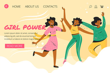 Girl power landing page template. Group of happy dancing women. Vector illustration in cartoon style.