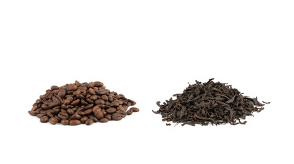 Heap of medium roasted coffee beans and dry black tea leaves isolated on white background.