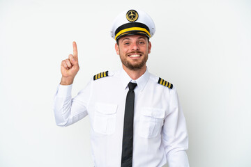 Airplane Brazilian pilot isolated on white background pointing up a great idea