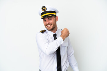 Airplane Brazilian pilot isolated on white background celebrating a victory