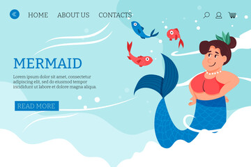 Happy mermaid with colorful fishes vector cartoon landing page template.