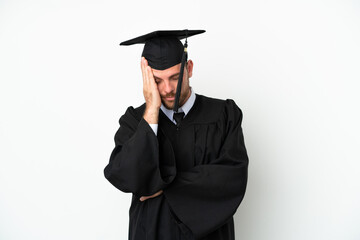Young university Brazilian graduate isolated on white background with headache