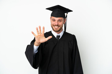 Young university Brazilian graduate isolated on white background counting five with fingers