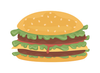 Burger semi flat color vector object. Full realistic item on white. Junk food. Unhealthy fast food sandwich isolated modern cartoon style illustration for graphic design and animation