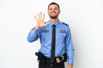 Young police Brazilian man isolated  on white background counting five with fingers