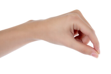 Female hand holding a virtual card on a white background