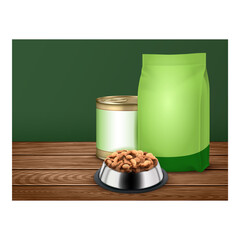 Animal Pet Food Creative Promotional Banner Vector. Domestic Pet Food In Stainless Dishware, Metallic Blank Container And Bag On Advertising Poster. Nourishment Style Concept Template Illustration