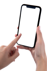 Woman hand using smartphone isolated on white background