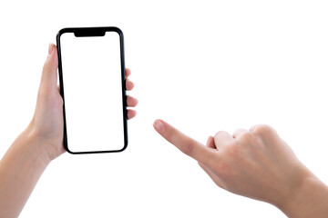 Woman hand using smartphone isolated on white background