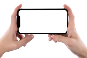 Woman hand using smartphone isolated on white background