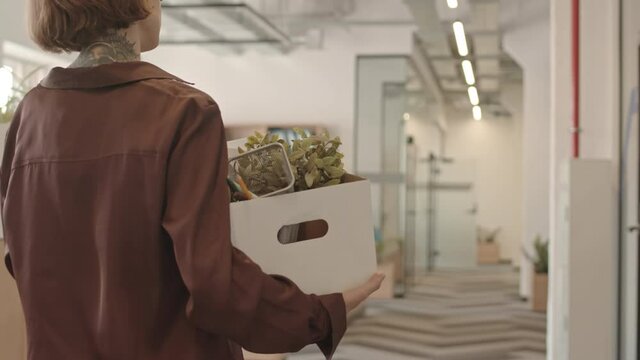 Cropped rear-view slowmo shot of new female office worker carrying paper box with her stuff walking along office corridor greeting colleague which talking on smartphone while passing by