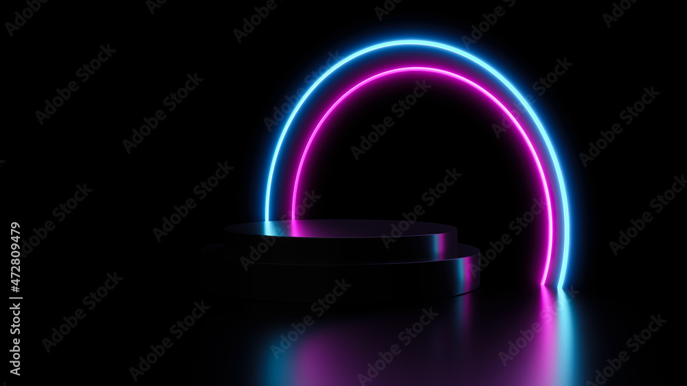 Wall mural stand with neon arch in dark 3d rendered background