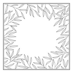 Vector line square frame bordered by twigs with petals. White background.