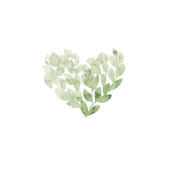 Green heart painted in watercolor from stylized leaves on a white background