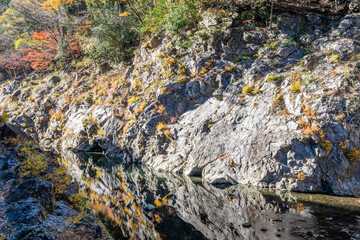 Autumn season Okutama river longer rocks and colourful levels.  wonderful background. Valley view is in Japan 