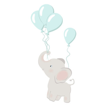 Happy gray elephant with green balloons. Isolated vector. cute elephant with balloons helium isolated icon vector illustration design