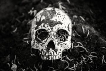 Human skull in the soil black and white