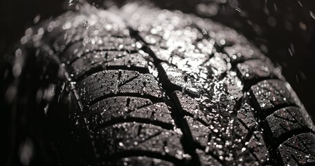 Water splashing on new car tyre closeup