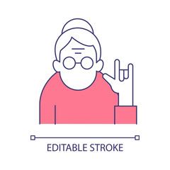 Old woman show love you gesture RGB color icon. Role conflict in society. Unexpected hand sign from grandmother, senior person. Isolated vector illustration. Simple filled line drawing