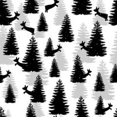 Hares in the fairy forest. Rabbit and christmas tree seamless pattern.
