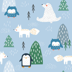 Cute winter seamless pattern with arctic animals. Kids print. Vector hand drawn illustration.