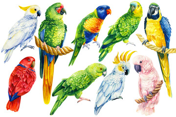 set of parrots, birds on an isolated white background, watercolor illustration, hand drawing