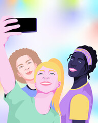 Diverse friends taking group selfie together 