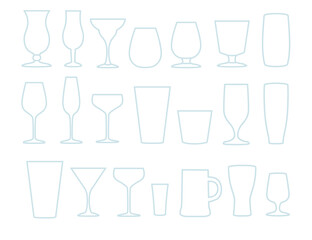 Line style beer wine and water glasses mugs vector illustration on white background