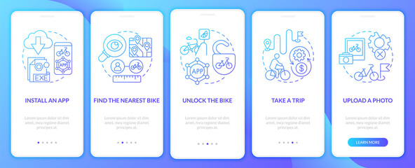 Bike-share guide onboarding mobile app page screen. Unlocking bicycle walkthrough 5 steps graphic instructions with concepts. UI, UX, GUI vector template with linear color illustrations