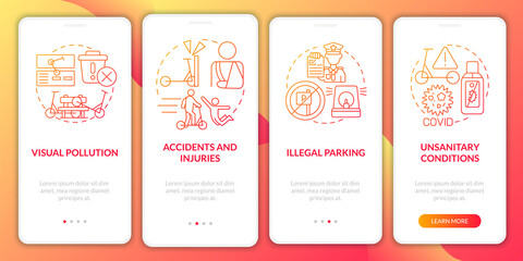 Electric scooters problems onboarding mobile app page screen. Accidents and injuries walkthrough 4 steps graphic instructions with concepts. UI, UX, GUI vector template with linear color illustrations