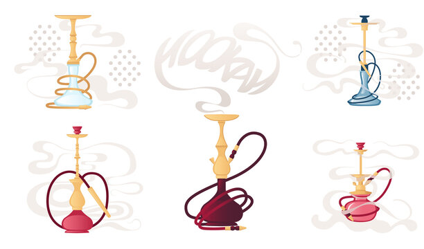 Glass and metal red color hookah with aroma smoke vector illustration on white background