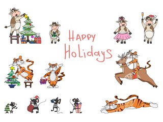 new year characters tiger bull and mouse. doodle