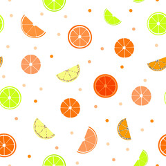 Seamless pattern with citrus slices. Lime, orange fruit, red orange, clementine, mandarin, lemon. Sequin elements.