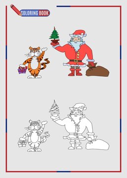 Children coloring book santa claus and tiger gift