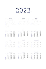 2022 calendar template individual planner in minimalist classic style. Week starts on sunday