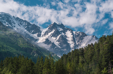 Fototapeta na wymiar Snowy mountain peaks in sunny summer day with the blue sky and clouds in background, green grass in front. Beautiful landscape of Caucasus mountains.
