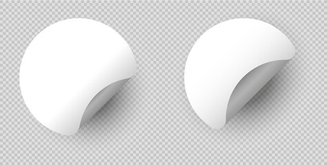 Blank round adhesive sticker mock up with curved corner. Mockup empty circle sticky label on transparent background. Vector illustration.