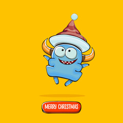 Vector cartoon funky blue monster with Santa Claus red hat isolated on orange background. Childrens Merry Christmas greeting card with funny monster elf Santa Claus.