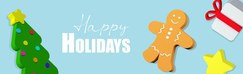 Christmas 3d render banner or greeting card with tree, Gingerbread Man cookies, gift box and star on blue background with text Happy Holidays