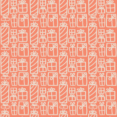 hand drawn gift boxes with bows festive christmas seamless pattern soft orange and beige color
